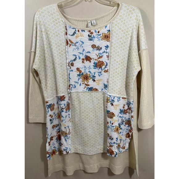 Cato Tops - Catos Size M Waffle Knit Top Patchwork Floral and yellow Hi/Lo Cute Comfort NWOT